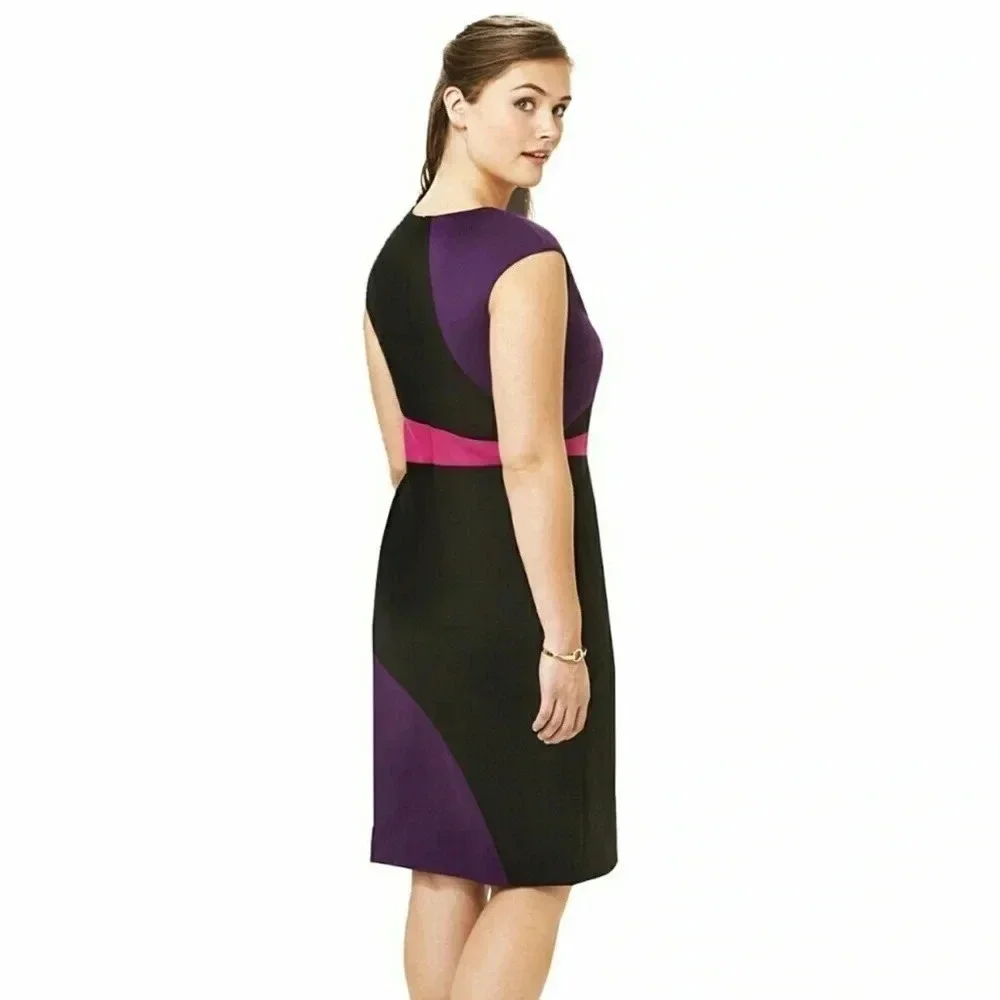 MBN Black Purple Pink Ponte Knit Color Block Cocktail Dress Plus Size 0X